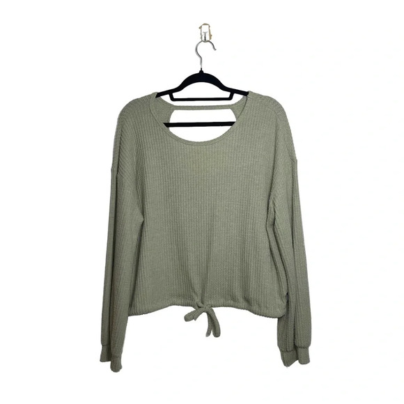 Hollister Sage Green Keyhole Back Crop Tie Waist Waffle Knit Top Medium Women’s - Picture 1 of 11